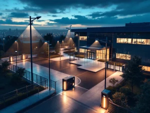 Luchtfoto van moderne bedrijfsfaciliteit bij schemering met beveiligingscamera's, verlichte hekken en toegangspoorten