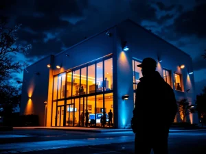 Beveiligingsbeambte patrouilleerd 's nachts bij verlicht kantoorgebouw met beveiligingscamera's en controlecentrum