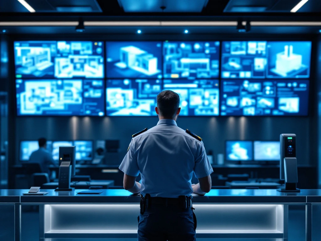 beveiligingsbalie-receptie-bewaking-kantoor.jpg Beveiligingsbeambte in uniform bewaakt surveillanceschermen aan moderne receptiebalie met high-tech beveiligingsapparatuur