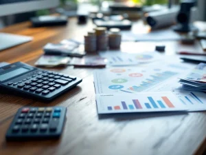 Moderne kantoorbureau met rekenmachine, eurobankbiljetten, tablet met budgetgrafieken en beveiligingsdocumenten