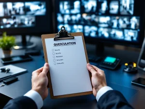 Professionele handen met beveiligingsvragenlijst op klembord, omringd door beveiligingsapparatuur en monitorschermen