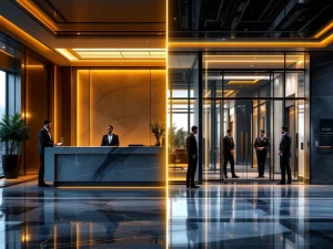 Professionele beveiligingsdiensten in hotel lobby en kantooromgeving met elegante inrichting en uniformed personeel