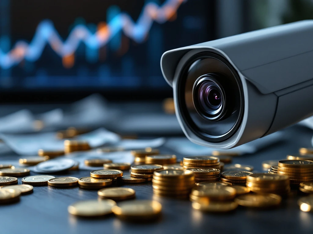 security-investment-gouden-munten-camera.jpg Beveiligingscamera bewaakt gouden munten en bankbiljetten op houten bureau met financiële grafieken op achtergrond