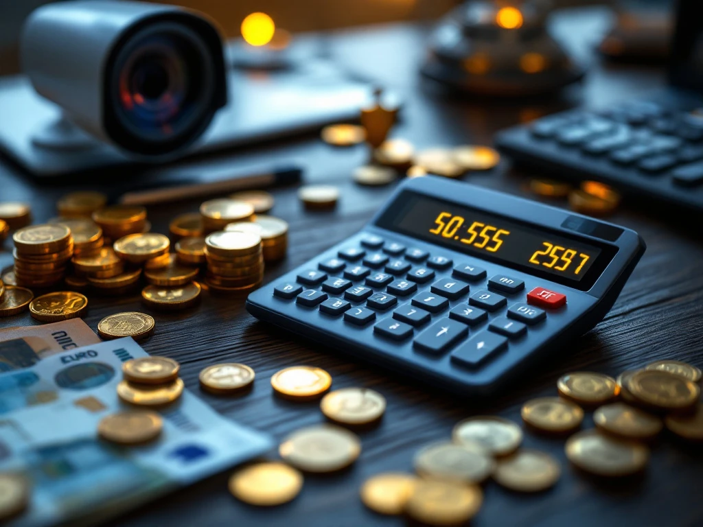 beveiligingskosten-calculator-euro-munten-optimalisatie.jpg Professionele rekenmachine met kostenberekening op houten bureau omringd door euromunten en beveiligingsapparatuur