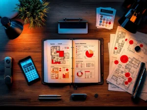 Bovenaanzicht houten bureau met beveiligingshandleiding, blauwdrukken, tablet met camerafeed en toegangskaarten