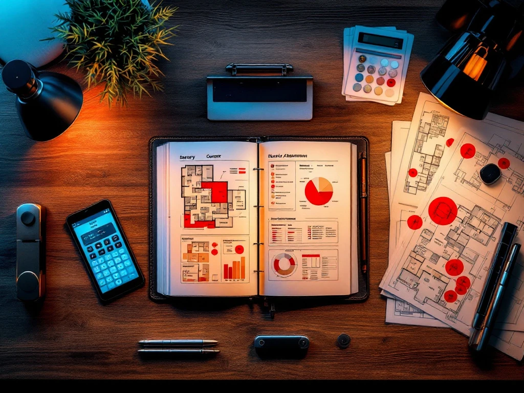 beveiligingsplanning-bureau-professioneel-desk.jpg Bovenaanzicht houten bureau met beveiligingshandleiding, blauwdrukken, tablet met camerafeed en toegangskaarten