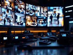 Professionele beveiligingscontrolekamer met HD-monitoren die hotellobby's en restaurants tonen, verlicht door schermgloed