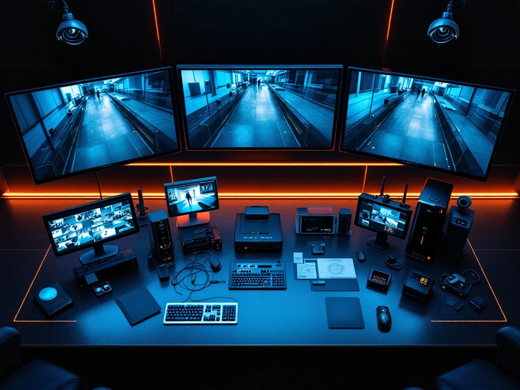 security-controlekamer-bewaking-monitoren-surveillance.jpg Moderne beveiligingscontrolekamer van bovenaf met meerdere monitors, donkere controlepanelen en blauwe LED-verlichting