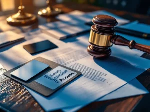 Hamer en juridische documenten op houten bureau met beveiligingsbadge en contracten in professionele kantooromgeving