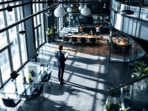 Beveiligingsadviseur in pak inspecteert modern kantoor met glazen wanden, bewakingscamera's en toegangscontroles