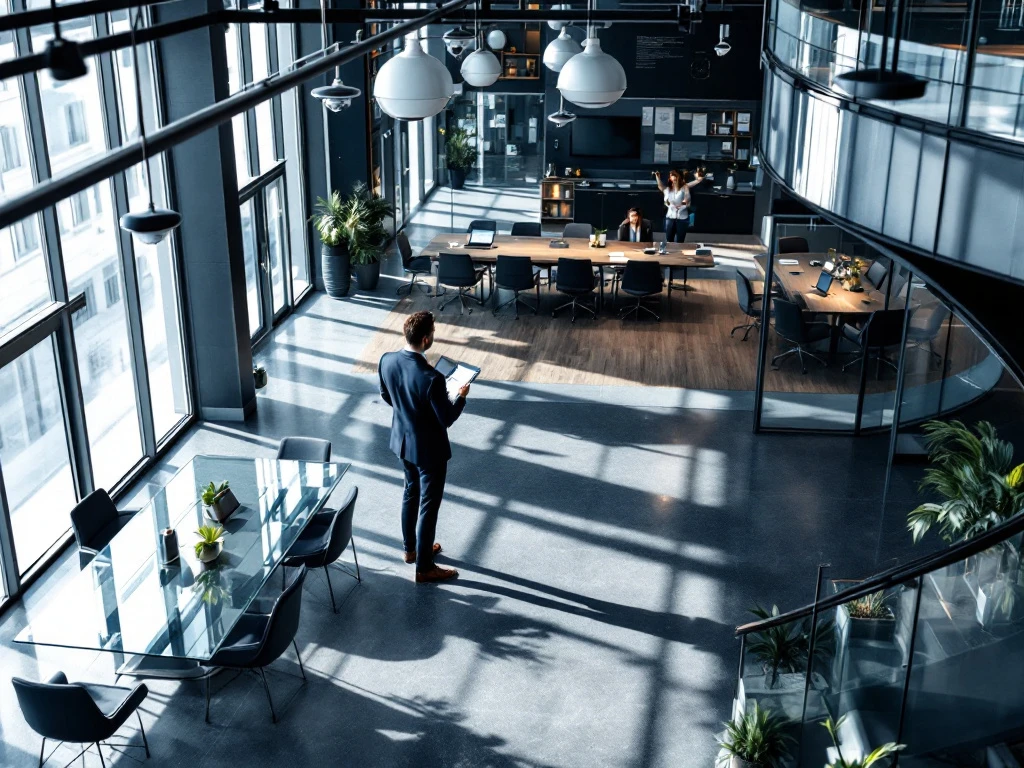 security-consultant-kantoor-inspectie-professioneel.jpg Beveiligingsadviseur in pak inspecteert modern kantoor met glazen wanden, bewakingscamera's en toegangscontroles