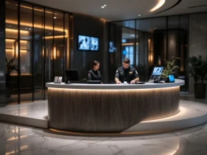 Beveiligingsbalie in moderne bedrijfslobby met bewaker die identificatiekaarten controleert en beveiligingsmonitoren