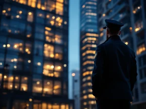 Beveiligingsbeambte in uniform observeert modern bedrijfscomplex bij schemering met verlichte ramen en beveiligingscamera's