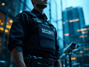 Professionele beveiligingsbeambte in zwart uniform met tactische vest bij modern kantoorgebouw met beveiligingscamera's