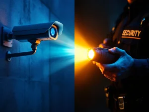 Gesplitst beeld van CCTV beveilgingscamera links en beveiligingsagent met zaklamp en radio rechts
