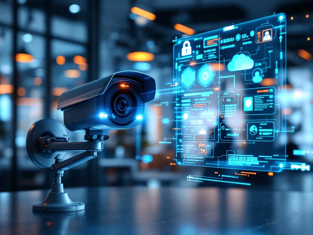 moderne-beveiligingstechnologie-camera-hologram.jpg Moderne beveiligingscamera met holografische displays en netwerkdiagrammen in een high-tech kantooromgeving