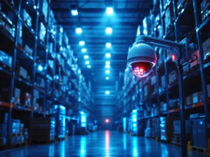 Beveiligingscamera's in industrieel magazijn met hoge stellingen, LED-verlichting en toegangscontrolepanelen