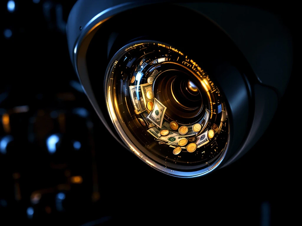 verborgen-beveiligingskosten-camera-surveillance.jpg Beveiligingscamera lens met weerspiegelde dollarbiljetten en munten, omringd door verborgen bewakingsapparatuur in schaduwen