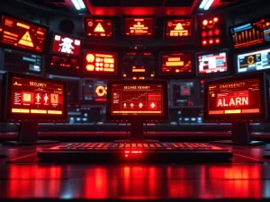 Beveiligingscontrolekamer met rode alarmsignalen op meerdere monitors en verlichte controlepanelen tijdens noodsituatie