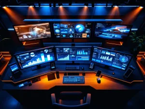 Moderne beveiligingscommandocentrale met meerdere monitoren, surveillance-feeds en professionele beveiligingsapparatuur