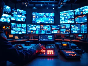 Beveiligingsmedewerker bedient noodresponseconsole met rode waarschuwingslichten in moderne controlekamer met monitors