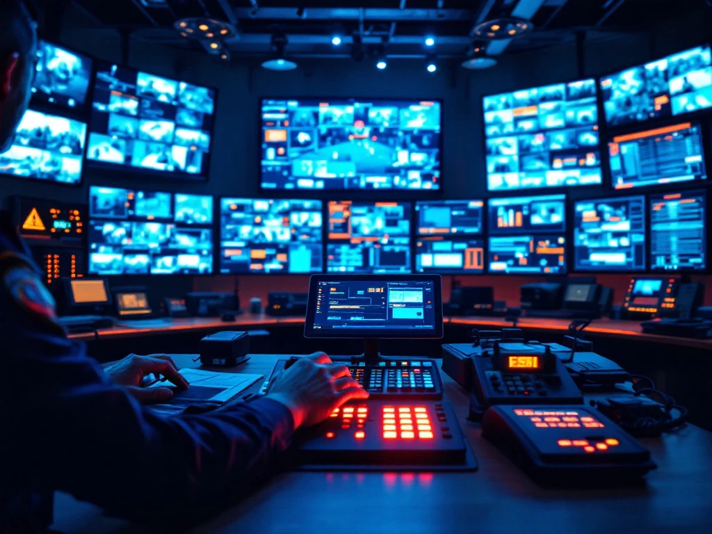 security-controlekamer-bewaking-noodrespons.jpg Beveiligingsmedewerker bedient noodresponseconsole met rode waarschuwingslichten in moderne controlekamer met monitors