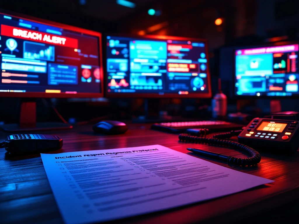 cybersecurity-incident-response-command-center.jpg Beveiligingscommandocentrum met computerschermen die inbraakalarm tonen, incidentprotocol checklist op bureau