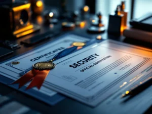 Officiële beveiligingscertificaten en badges op donkere houten bureau met gouden details en professionele verlichting