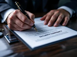 Handen in donker pak ondertekenen beveiligingscontract met vulpen, veiligheidsbadge en keycard op bureau