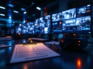 Professionele beveiligingscontrolekamer met monitors, dashboards, checklists en kwaliteitscertificaten