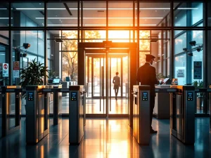 Beveiligingscontrole bij moderne kantooringang met metaaldetectors, bewaker die identiteitsdocumenten controleert