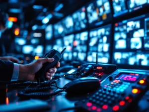 Beveiligingsmedewerker bedient radioapparatuur en communicatiepanelen in controleruimte met noodverlichting