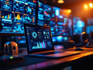 Beveiligingscontrolekamer met laptop die beveiligingsdashboard toont, omringd door monitors met netwerkdiagrammen