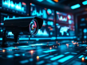 Beveiligingsdashboard met data-analyses op meerdere monitoren in moderne controlekamer met camera op voorgrond