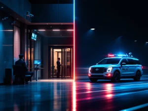 Beveiligingspost met bewakingscamera's en patrouillevoertuig tonen statische en mobiele beveiligingsdiensten