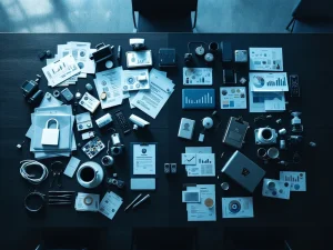 Bovenaanzicht van vergadertafel met rommelige interne beveiligingsdocumenten versus georganiseerd outsourcing portfolio