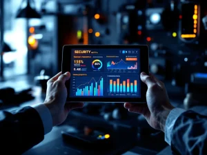 Beveiligingsexpert houdt tablet met kwetsbaarheidsgrafieken en waarschuwingsindicatoren, omringd door toegangsapparatuur