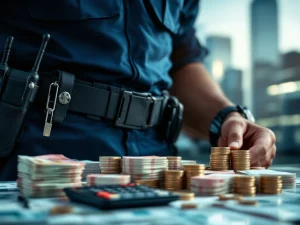 Professionele beveiligingsbeambte in uniform met euro bankbiljetten en calculator voor kostenanalyse beveiligingsdiensten