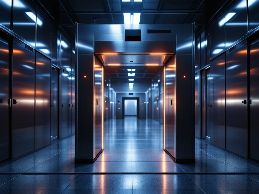 security-checkpoint-metaaldetector-beveiliging.jpg Moderne metaaldetector op beveiligingscontrolepost met röntgenapparatuur en professionele verlichting op industriële vloer