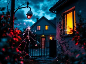 Kwetsbaar gebouw bij schemering met kapotte beveilging, hangende camera, open hek en rode waarschuwingssymbolen