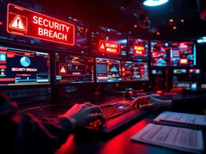 Beveiligingsmedewerker activeert noodknop in controlekamer met rode waarschuwingsschermen en beveiligingsalarm