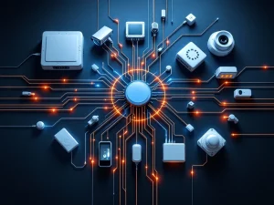 Beveiligingsapparatuur met CCTV-camera's en toegangscontrolepanelen verbonden door netwerkkabels met blauwe LED-verlichting