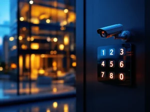 Moderne beveiligingskeypad met blauwe LED-verlichting voor glazen kantoorgebouw met beveiligingscamera bij schemering