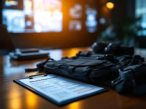 Tactisch vest en beveiligingsuitrusting op bureau met evaluatieformulieren en beveiligingsmonitoren op achtergrond