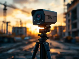 Zwarte beveiligingscamera op statief bij bouwplaats tijdens gouden uur, met LED-indicatoren en weerbestendige behuizing