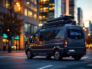 Zwarte beveiligingsbus met antennes geparkeerd op stadsstraat bij schemering, professionele bewakingsdienst voertuig
