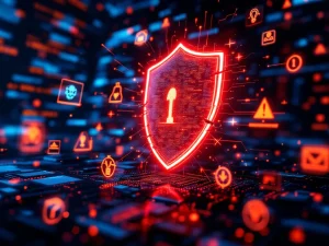 Gebroken rood beveiligingsschild omringd door holografische cyberdreigingspictogrammen op donkere achtergrond met circuits