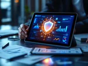 Digitaal beveiligingsdashboard op tablet met gloeiend schildicoon, documenten en pen in moderne kantooromgeving