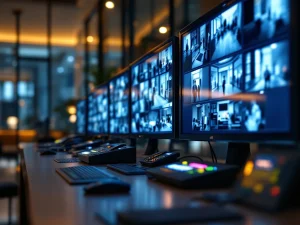 Professionele beveiligingscontrolekamer met HD-monitoren die hotellobbybewaking tonen en moderne communicatieapparatuur