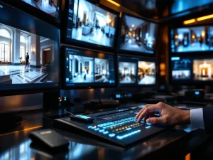 Beveiligingsmedewerker bedient controlepaneel met monitors die hotellobbysurveillance tonen in professionele controlekamer